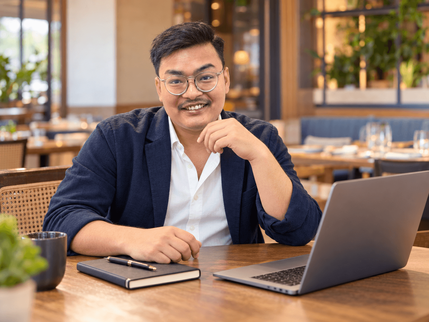 ChefKeshav smiling at a restaurant table with a notebook and laptop